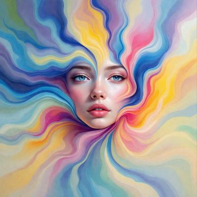 The primary subject of the image is a woman with blue eyes, who is the main focus of the scene. She is surrounded by a vibrant and colorful background, which includes a mix of blue, yellow, and pink hues. The visual style of the image is a combination of digital art and illustration, creating a unique and artistic representation of the woman. The overall atmosphere of the image is lively and energetic, with the woman's face being the center of attention in the colorful and dynamic environment.